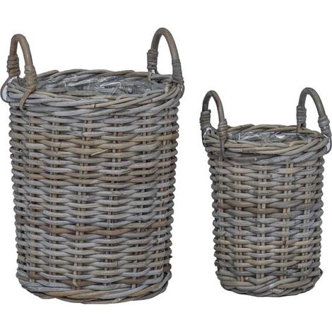 Paniers à plantes avec rangement intégré, lot de 2, en rotin gris Kubu