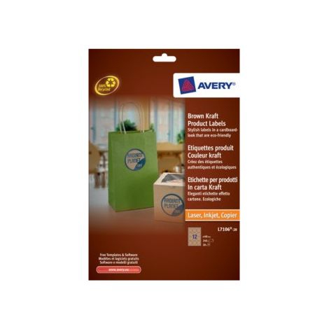 PAQUETE 20 HOJAS ETIQUETAS PARA PRODUCTOS EN PAPEL KRAFT, EFECTO CARTÓN-IMPRESORAS LÁSER/LÁSER DE COLOR/ INYECCIÓN DE TINTA-REDONDAS-60 MM AVERY L7106