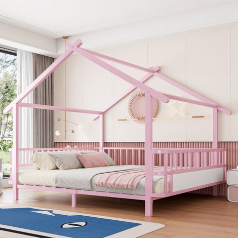 Lit enfant en métal en forme de maison 140 x 200 cm rose avec barrières de sécurité OKWISH (1/5)