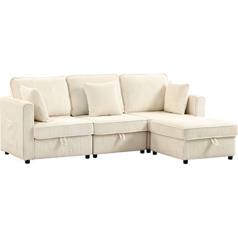 Canapé 3 places avec méridienne, rangement et pouf réversible en velours côtelé, 235 x 153 x 85 cm, blanc crème (1/5)
