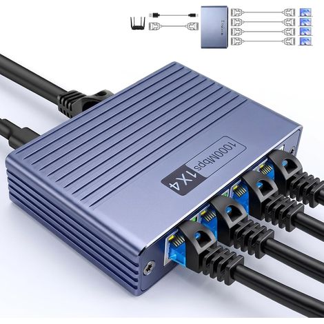 Switch Ethernet 1 à 4 1000Mbps Multiprise RJ45, Aluminium Répartiteur Etherne 4 ports,Switch Gigabit avec Câble D’alimentation USB-C,Commutateur RJ45 pour Ordinateur, Routeur,Décodeur (1/5)