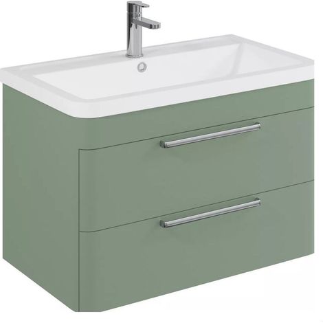 Balterley Calwich Contemporary Wall-Hung Bathroom Vanity with 2 Drawers & 1 Tap Hole Polymarble Basin, Satin Green, 800mm