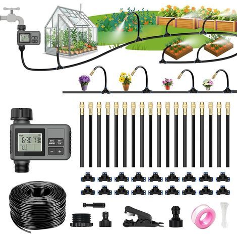 Kit Arrosage Automatique avec Programmateur 18m Système Irrigation Jardin Goutte-à-Goutte Brumisation Intelligent