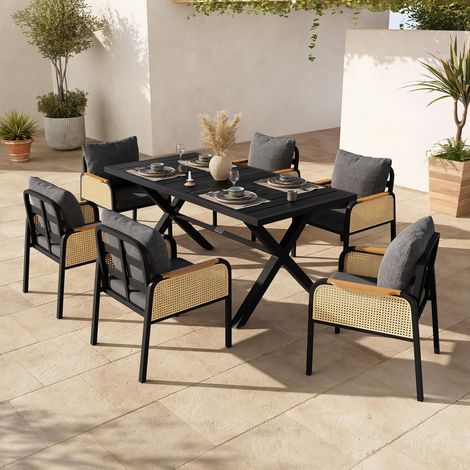 Ensemble de canapés d'extérieur, ensemble de détente et de réunion pour 6 personnes, structure en fer, accoudoirs tressés, coussins d'assise inclus (1/5)