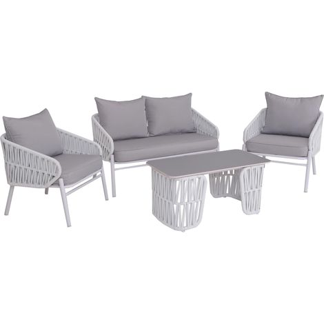 Gartengarnitur HHG-224, Lounge-Set Gartenlounge Sofa Sessel Tisch, Seilgeflecht Rope Stoff/Textil (180g/m²) hellgrau