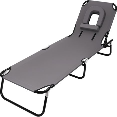 Lit pliant - lit de sieste, quatre angles réglables, oreiller amovible, avec ouverture pour le visage, 189×56×27 cm, gris. (1/5)