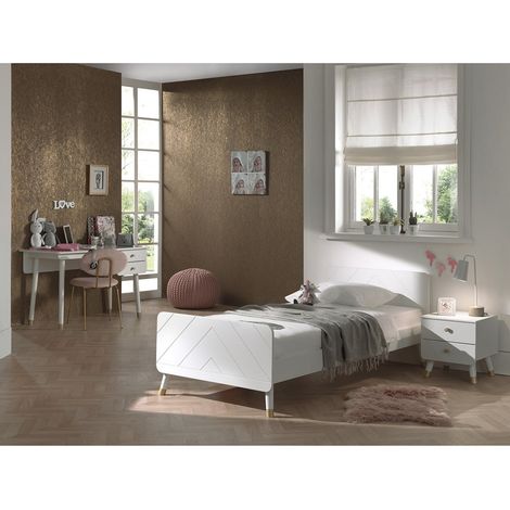 TINY WHITE - Lit 90x200cm + Chevet 2 Tiroirs + Bureau (1/4)