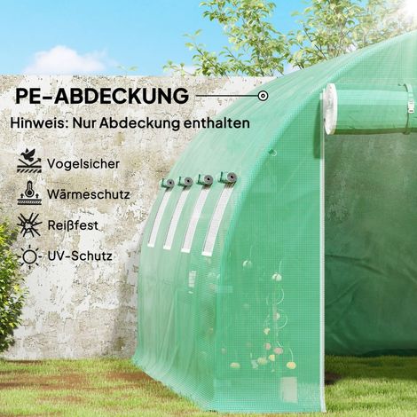 Abdeckplane für Gewächshaus, robust und wetterfest, 400x300x200 cm, transparent mit grünem Gestell, Schutzhülle für Pflanzen (1/5)