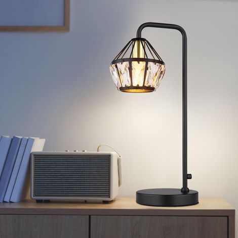 Tischlampe Leseleuchte Lampe Tischleuchte Glas Kristalle Schlafzimmer, Metall schwarz, 1x E14 Fassung, LxBxH 21,5x12,5x43 cm