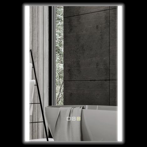 Miroir de salle de bain LED 3 couleurs, IP44, tactile, anti-buée, mémoire, luminosité réglable, verre trempé réversible, 70 x 50 cm (1/5)