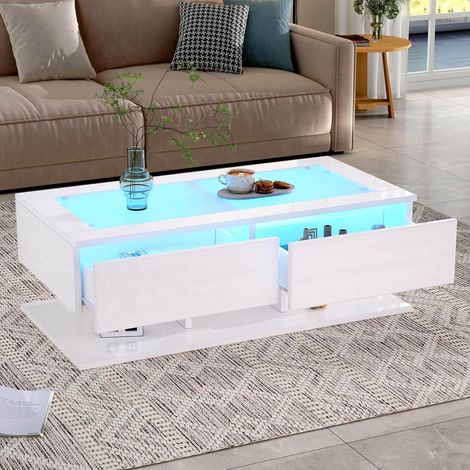 Table Basse Salon 50x100x35 cm,Table Basse Blanche,Meuble Bas Rangement avec Éclairage LED,2 Tiroirs,Plateau en Verre,Base Rectangulaire Robuste,pour Salon (Blanc)
