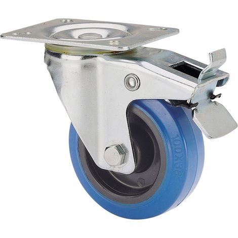 Gummi-Lenkrolle mit Platte, Rollenachse und Feststeller, blau, max. Tragkraft 80 kg, ø 8 cm