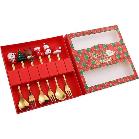 6 Cuillères et Fourchettes de Noël Rouge - Set de Dégustation pour Fruits, Sucreries et Fête, Coffret Cadeau (1/5)