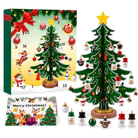 Adventskalender aus Holz in Form eines Weihnachtsbaums (28 cm) – DIY-Countdown-Kalender mit 24 hängenden Mini-Ornamenten für Kinder und Familienaktivitäten geeignet als Tischdekoration (mittelgroß - o (1/4)