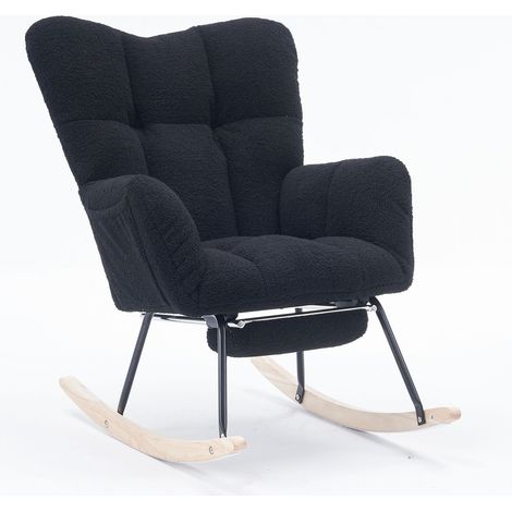 Fauteuil à Bascule - 1 Place - Teddy - Repose-Pieds Inclus & Accoudoirs & Cadre Métal & Cadre Bois - 80 x 98 x 98.5 cm - Noir (1/5)