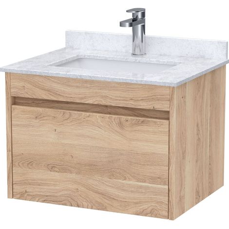 Swainsley Contemporary Wall Hung 1 Drawer Vanity Unit with Marble Top with Basin, 600mm, Bleached Oak