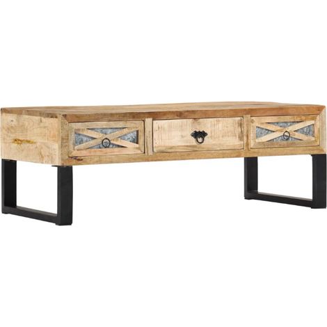 Vidaxl – Table basse fixe 110x50x38 cm en bois de manguier massif – 3 tiroirs – Surface polie et laquée – Pieds en acier galvanisé (1/5)