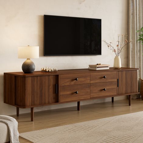 Modernluxe - Meuble TV bas 165cm - Banc TV de salon avec 4 tiroirs & 2 portes coulissantes, pieds massifs, style moderne - Noyer (1/5)