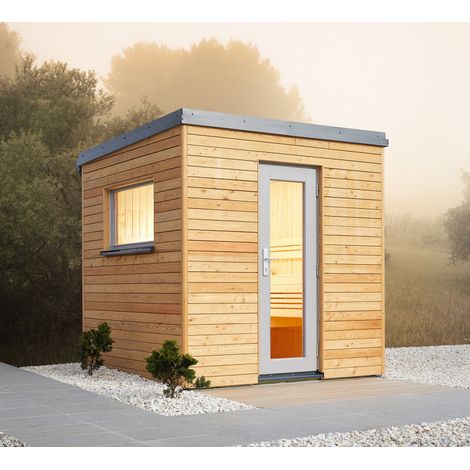 Infraworld Luna 1 Außensauna mit Lärche-Fassadenprofile versch. Fenstergrößen und Inneneinrichtung (1/3)
