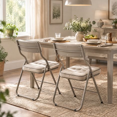 Lot de 2 chaises pliantes rembourrées 46x47x80 cm, sans montage, dossier incurvé 110°, assise en velours, structure acier renforcée, kaki (1/5)