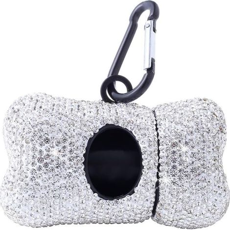 Distributeur de sacs à déjections canines orné de strass, avec crochet de transport et rouleau inclus. Sacs biodégradables anti-gouttes - Blanc (1/5)