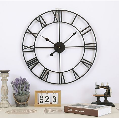 Grande Horloge Murale Métal Chiffres Romains Silencieuse Quartz Noire (1/5)