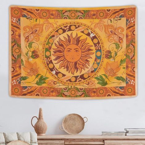 Tapiz de pared vintage con forma de sol ardiente - Decoración de pared para dormitorio, sala de estar, 150x130cm (1/5)