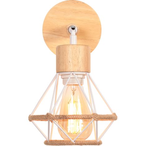 Applique Murale en Bois Câble de Chanvre Lampe Murale Vintage Industrielle Cage en Métal E27 40W pour Salon Escalier Couloir Blanc - 1PCS (1/5)
