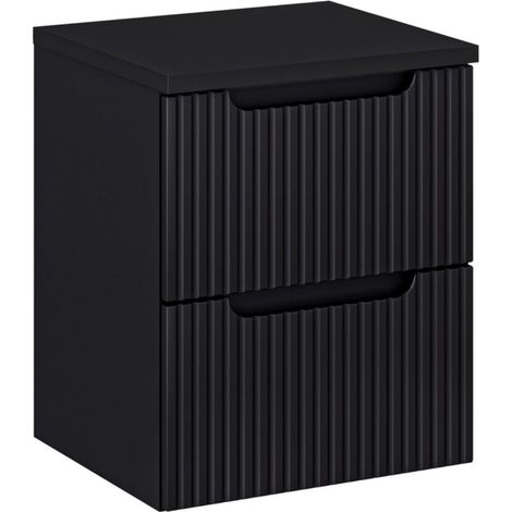 Set da bagno sospeso VANO 50cm: mobile sottolavabo con cassetti scanalati nero + piano per lavabo in nero opaco