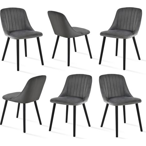 Goeurvant Chaises de salle à manger modernes avec coussin d'assise épais, dossier ergonomique et pieds en bois, Style et confort réunis - Lot de 6 - Gris foncé, pieds noirs - Velours