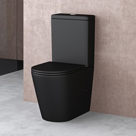 Doporro – WC à poser sans bride céramique noir mat – Abattant Softclose avec frein de chute – Dimensions 36 x 63 x 82 cm – Sortie horizontale/verticale - Stand108T