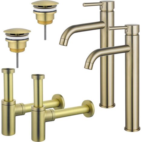FugaFlow Eccelente Sobrado Kit robinet lavabo - pour double vasque - robinet rehaussé - bonde non-obturable - siphon design - Laiton brossé PVD (1/4)