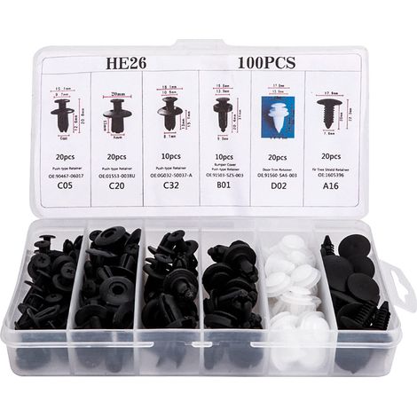 100 Pcs Rivet Clips Plastique Voiture Comprendre 6 Types Universel HE26 Clips de Voiture Attaches de Pare-Chocs Clips à Rivets Kit avec Boîte de Rangement pour Auto Voitures Panneaux de Portes,（plus l (1/5)
