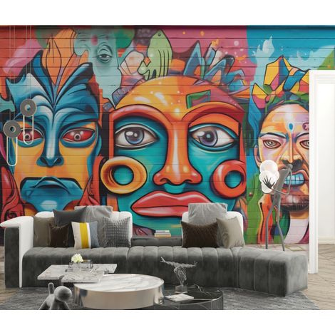 Papier peint graffiti - masques et visages ethniques colorés - 150 x 250 cm (1/2)