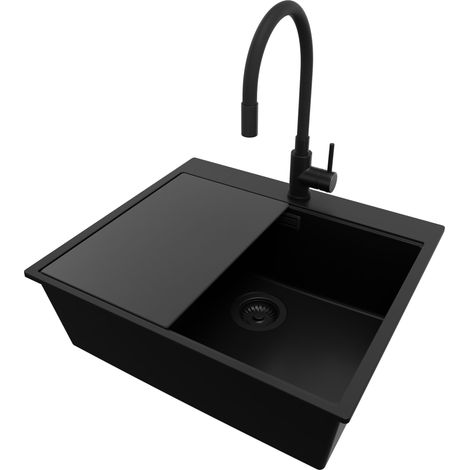PRIMAGRAN Evier Cuisine en Granit 58x50cm, Lavabo 1 bac + Robinet 40x38cm + Kit de Vidage + Accessoire, Évier à Encastrer au meuble 60cm - Oslo, Tout Noir (1/5)