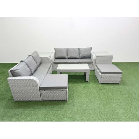 Fimous Outdoor Garden Furniture Sets 8 Seater Wicker Rattan Furniture Sofa Sets with Oblong Coffee Table high Back Lounge Sofa 2 Big Footstool 2 Side Table Light Grey (1/4)