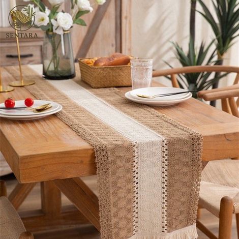 Camino de mesa bohemio, Camino de mesa de algodón y yute con flecos, 30 x 240 cm, Decoración de mesa rústica, Estilo granja, Marrón con blanco (1/5)