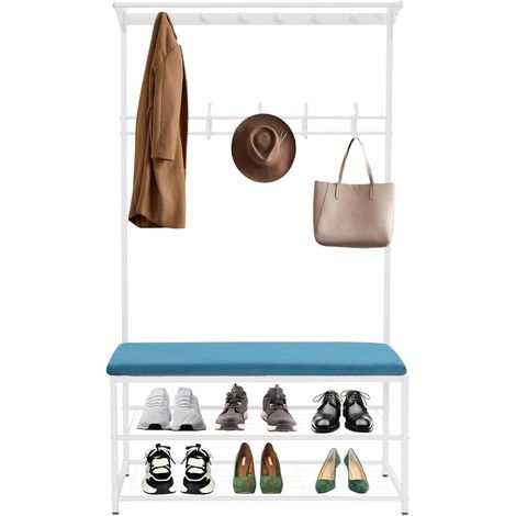 Porte-manteau avec banc 100 x 33 x 170 cm, porte-vêtements avec crochets et étagère à chaussures à 2 niveaux, étagère de couloir pour entrée, chambre à coucher, salon, design industriel (blanc+bleu)