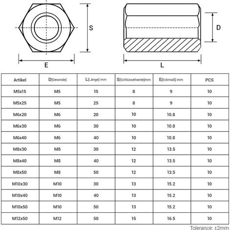 Lot de 10 écrous longs M12 x 50 mm - Écrous de connexion filetés en acier galvanisé - Manchons filetés hexagonaux - Manchons d'écartement - Écrou d'extension pour la maison, les appareils de (1/4)