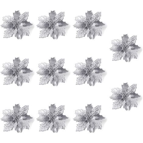 10 Pièces Décoration de Noël Fleurs, Noël Poinsettia Glitter Ornement, Fleur de Noël Artificielle, Ornements de Décoration de Noël (Argent) (1/5)