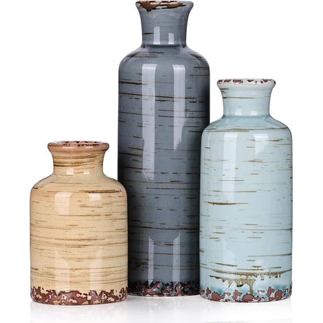 Jarrón de cerámica pour la décoration de la maison, lot de 3 vases en céramique vintage adaptés pour la décoration de la maison, salon, décoration d'étagères, décoration de table à manger (bleu) (1/5)