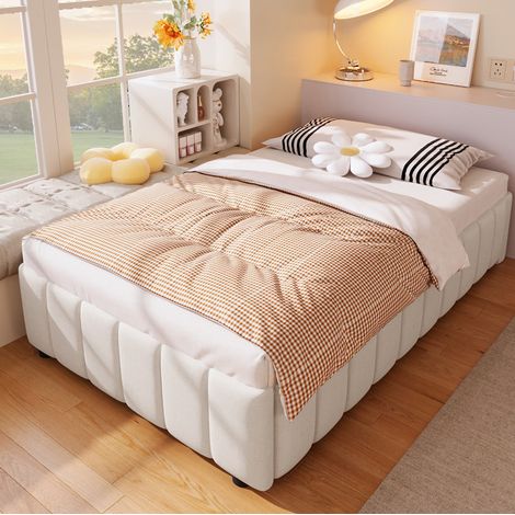 Letto imbottito minimalista in lino beige 90x200 cm con contenitore idraulico, senza testiera