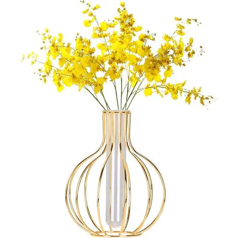 Geometric Metal Vase, Metal And Glass Test Tube Vases, Flower Vase With Metal Frame, Glass Plant Vases, Wrought Iron Vase, For Living Room Office (1/5)