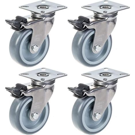 Rollen - 75mm - Edelstahl - Grauer Gummi - Mit Bremse