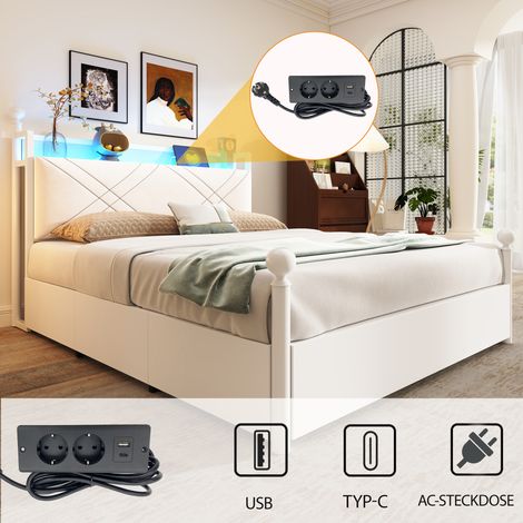 Himmelbett Metall Weiß 140x190 cm, mit LED, USB/Type-C und Stauraum