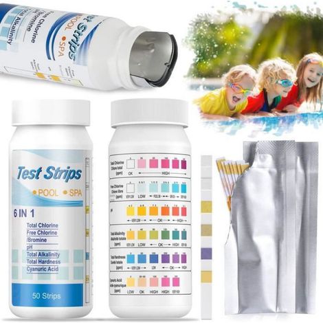 Bandelettes de test pour piscine 6 en 1 : testeur chlore total, chlore libre/brome, pH, alcalinité totale, dureté totale, acide - lot de 50 pièces (1/4)