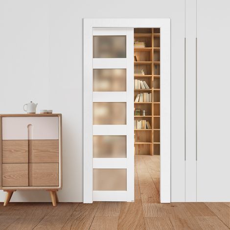 VEVOR Porta Scorrevole a Scomparsa, 915 x 2035 mm, Porta Scorrevole Singola in Vetro Satinato a 5 Livelli con Kit Ferramenta, con Superficie Impermeabile per Camera da Letto, Cucina