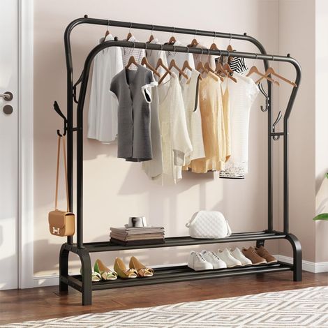 Appendiabiti doppio con ripiano per scarpe e 4 ganci per guardaroba, 110 x 35 x 146 cm - Nero