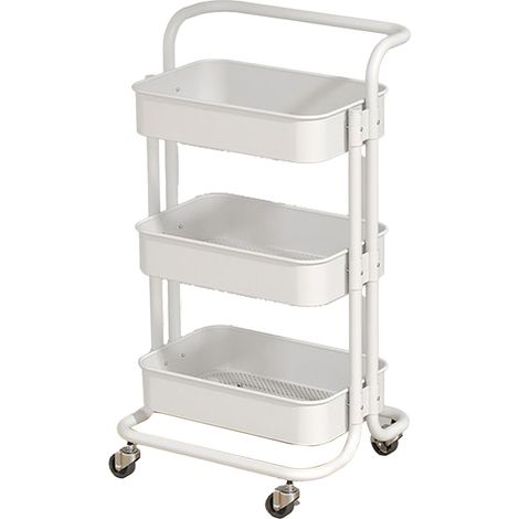 Chariot roulant à 3 niveaux, style minimaliste, robuste, en acier au carbone, blanc. Idéal pour la cuisine, la salle de bain, le salon et la chambre. (1/4)