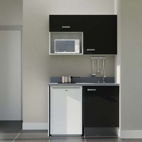 Kitchenette K07L - 120 cm - plan monobloc évier intégré Cromo- évier à droite - Façades Noir + Electroménager inclus coloris Blanc (1/5)
